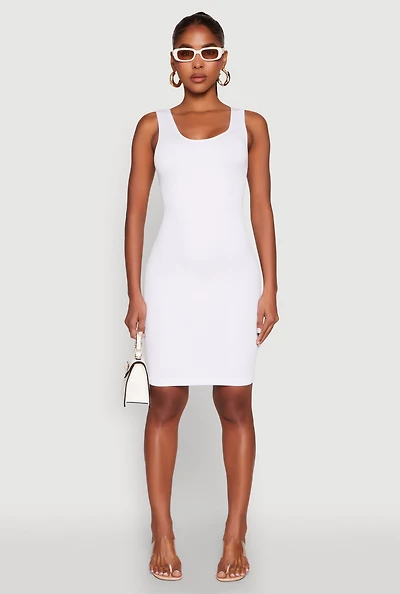 Womens Ribbed Knit Seamless Tank Dress, White, Size S-M