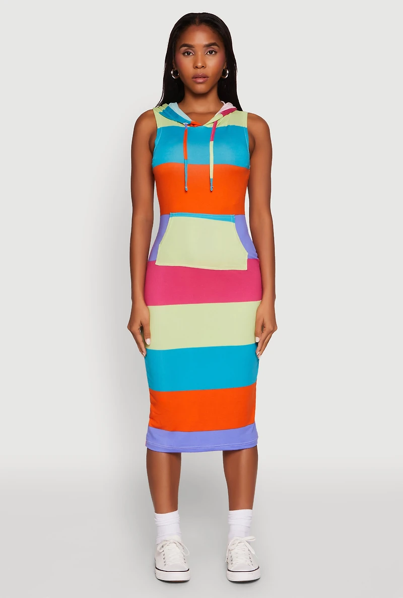 Color Block Stripe Hooded Tank Dress