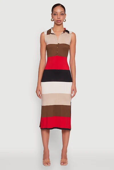Womens Color Blocked Striped Polo Collar Sleeveless Midi Dress, Multi, Size L