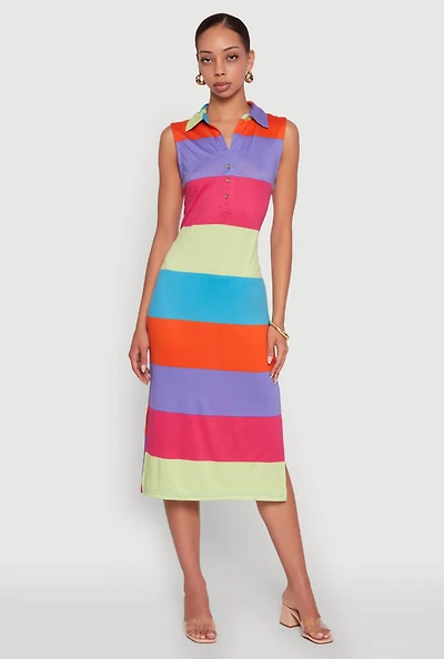 Womens Color Blocked Striped Polo Collar Sleeveless Midi Dress, Multi, Size S