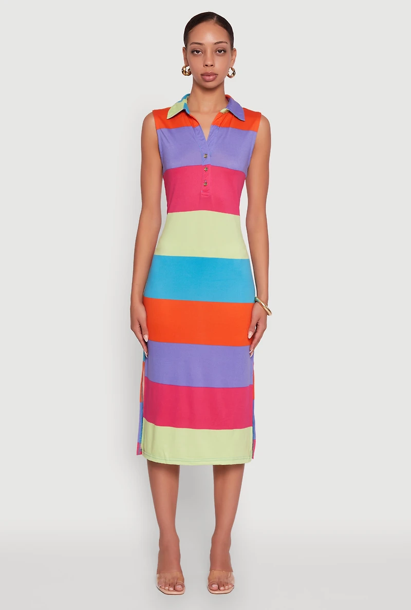 Womens Color Blocked Striped Polo Collar Sleeveless Midi Dress, Multi,