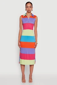 Womens Color Blocked Striped Polo Collar Sleeveless Midi Dress, Multi,