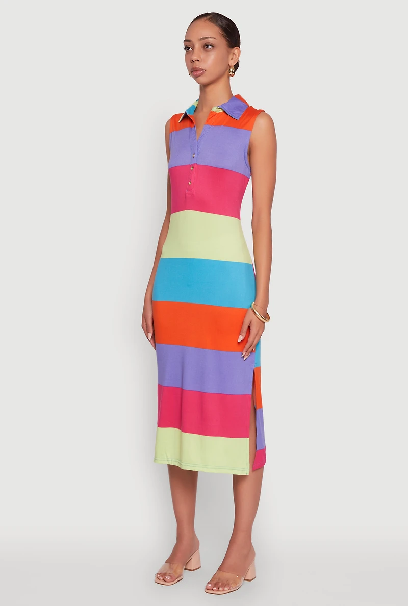 Womens Color Blocked Striped Polo Collar Sleeveless Midi Dress, Multi,