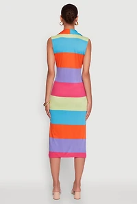 Womens Color Blocked Striped Polo Collar Sleeveless Midi Dress, Multi,