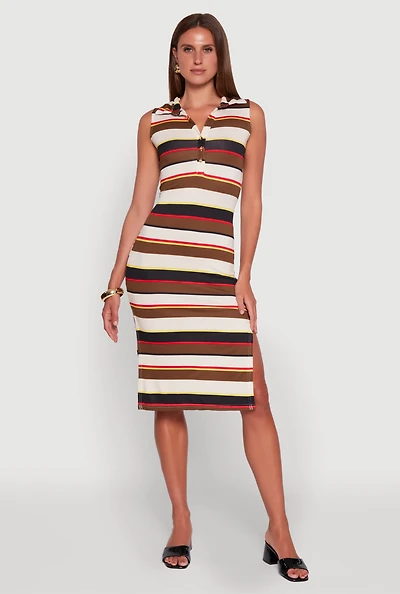 Striped Sleeveless Side Slit Shirt Dress