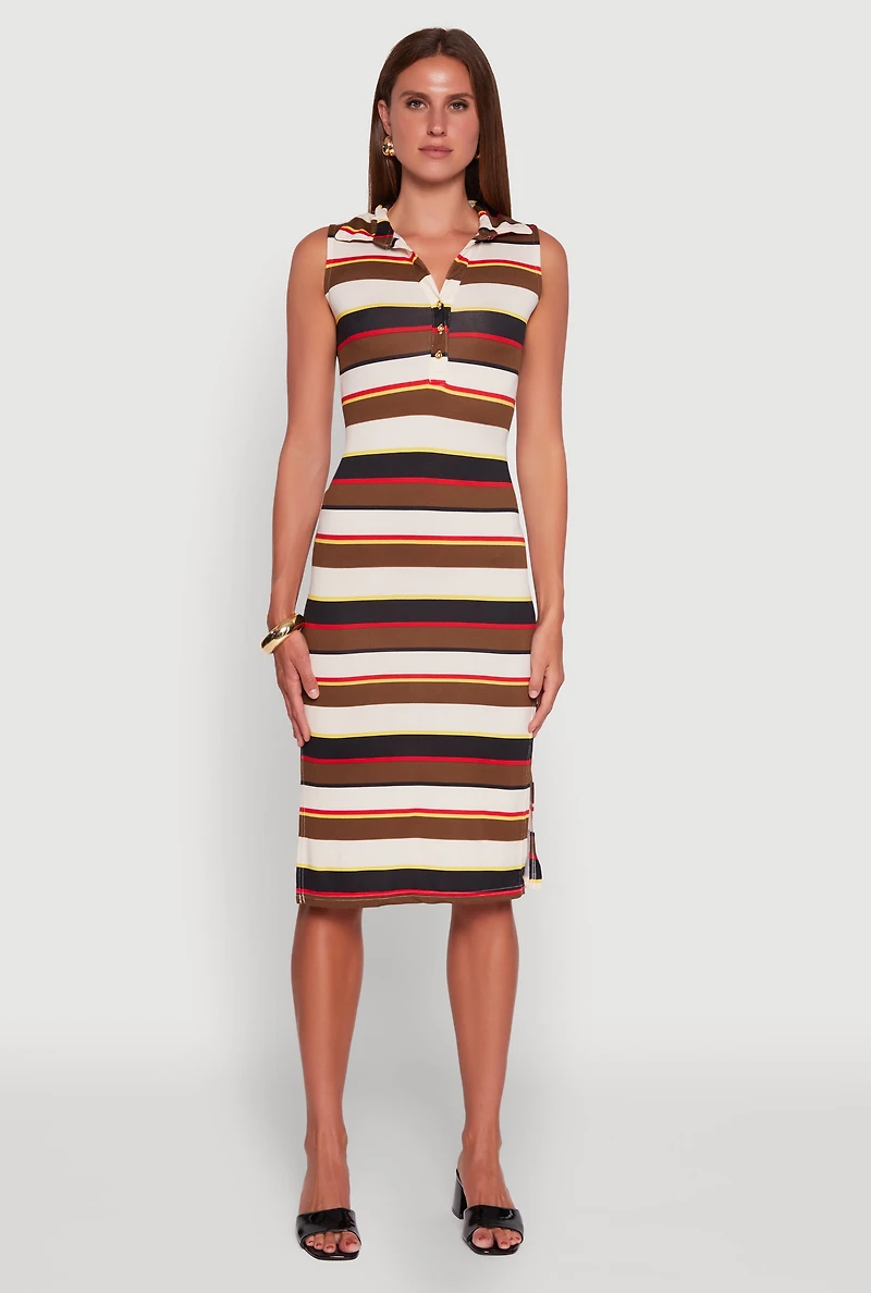 Womens Striped Sleeveless Side Slit Shirt Dress, Multi,