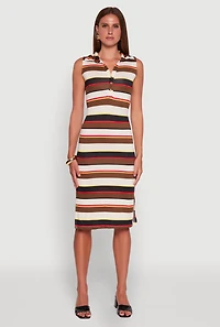 Womens Striped Sleeveless Side Slit Shirt Dress, Multi,