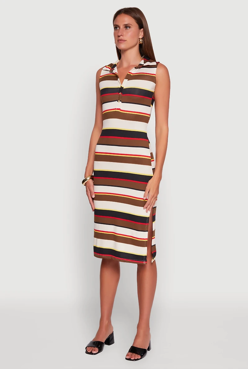 Womens Striped Sleeveless Side Slit Shirt Dress, Multi,