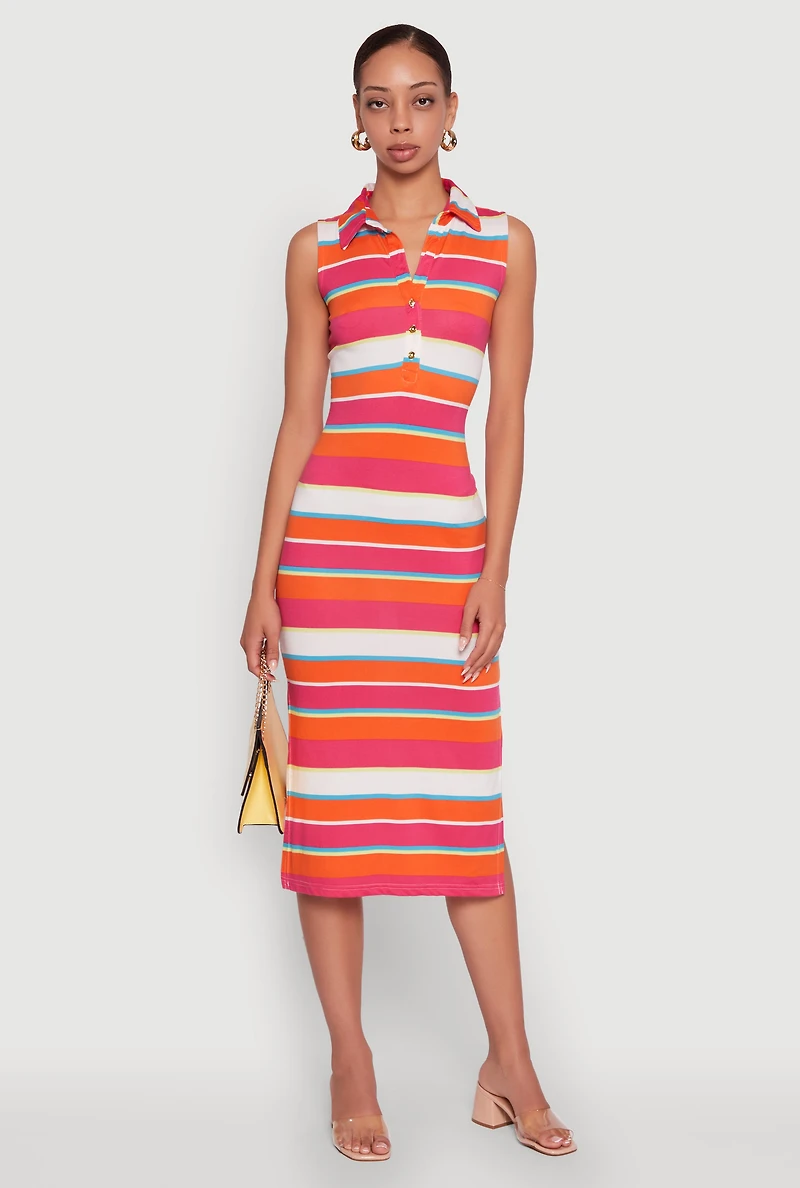 Womens Striped Sleeveless Side Slit Shirt Dress, Multi,