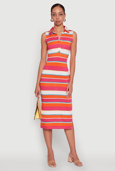 Womens Striped Sleeveless Side Slit Shirt Dress, Multi,