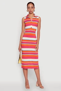 Striped Sleeveless Side Slit Shirt Dress