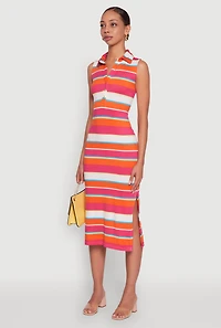 Womens Striped Sleeveless Side Slit Shirt Dress, Multi,