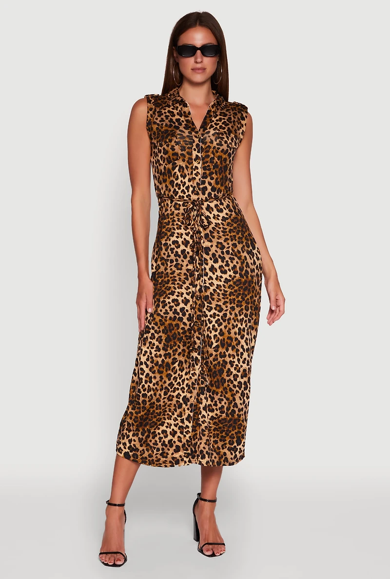 Patterned Button Front Sleeveless Maxi Shirt Dress