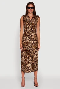 Womens Patterned Button Front Sleeveless Maxi Shirt Dress,
