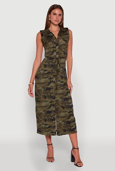 Womens Patterned Button Front Sleeveless Maxi Shirt Dress, Green,
