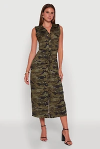 Womens Patterned Button Front Sleeveless Maxi Shirt Dress, Green,