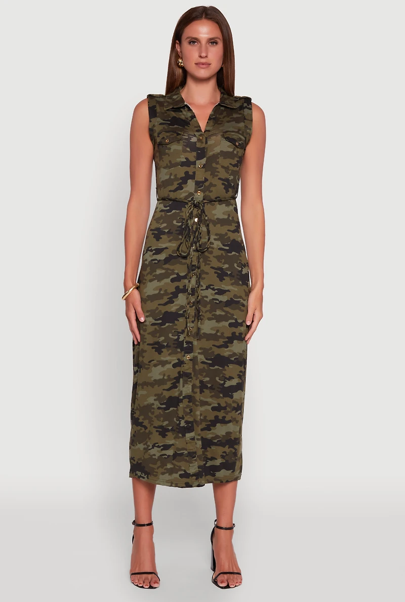 Womens Patterned Button Front Sleeveless Maxi Shirt Dress, Green,