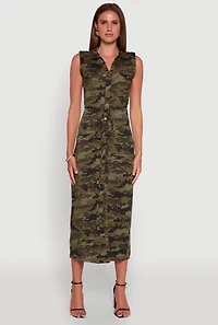 Womens Patterned Button Front Sleeveless Maxi Shirt Dress, Green,