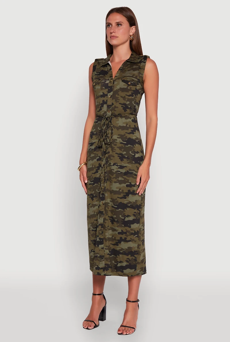 Womens Patterned Button Front Sleeveless Maxi Shirt Dress, Green,