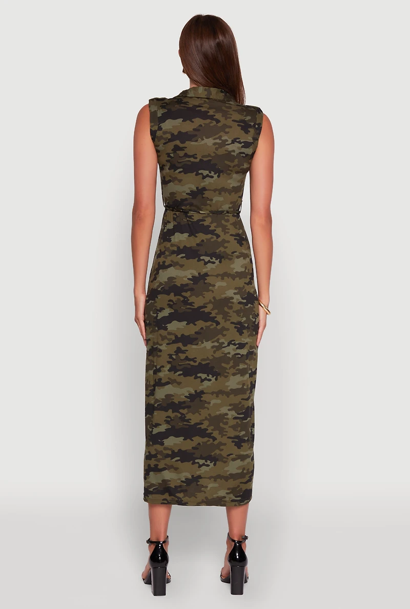 Womens Patterned Button Front Sleeveless Maxi Shirt Dress, Green,