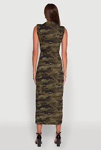 Womens Patterned Button Front Sleeveless Maxi Shirt Dress, Green,