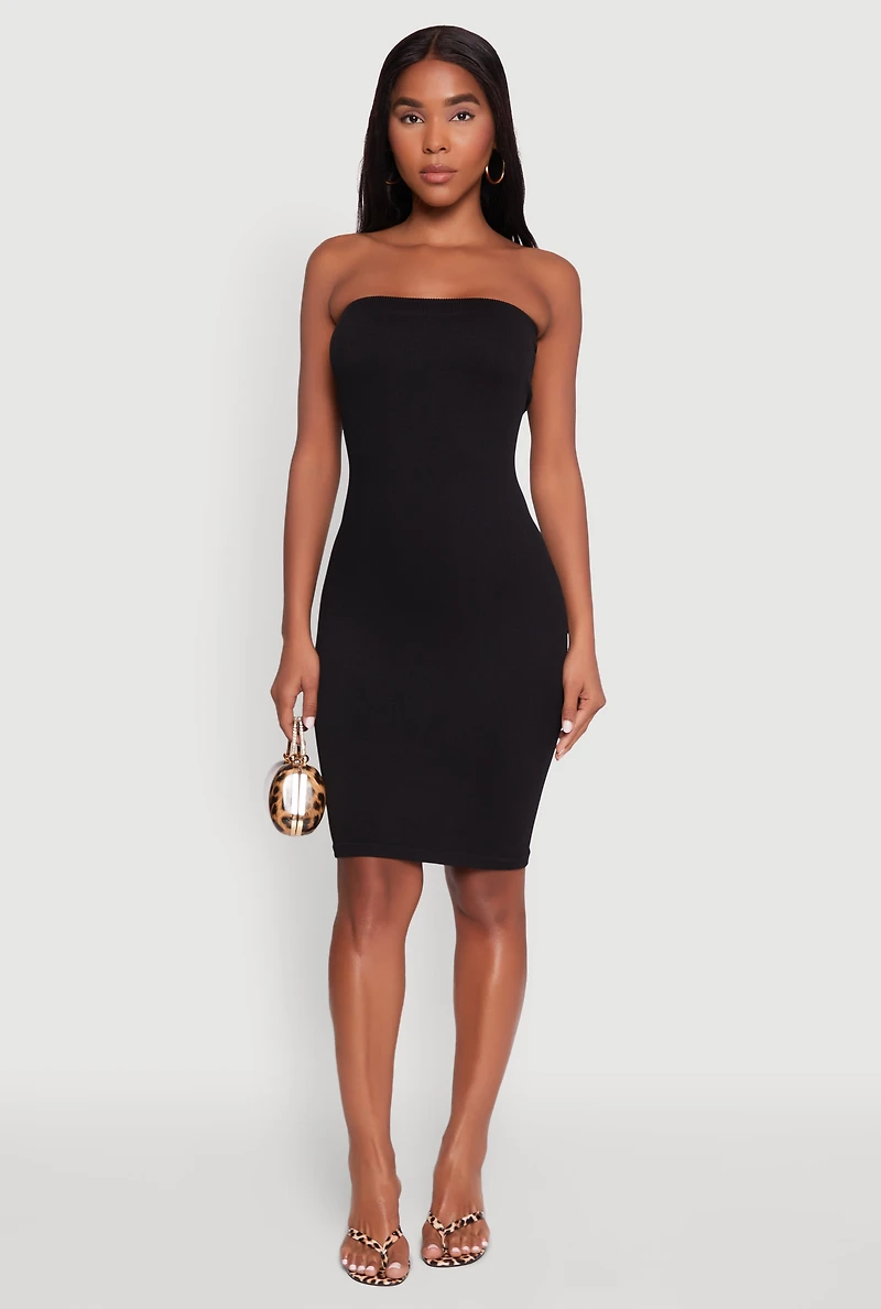 Womens Seamless Rib Knit Tube Midi Dress, Black, Size S-M
