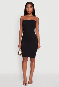 Womens Seamless Rib Knit Tube Midi Dress, Black, Size S-M