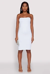 Womens Seamless Rib Knit Tube Midi Dress, White, Size L-XL