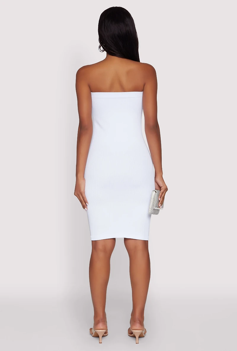 Womens Seamless Rib Knit Tube Midi Dress, White, Size L-XL