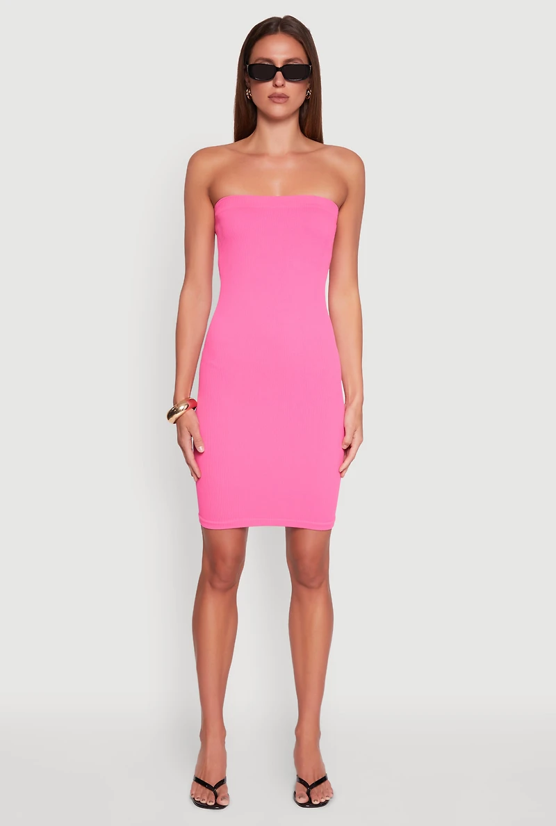 Womens Seamless Rib Knit Tube Midi Dress, Pink, Size L-XL