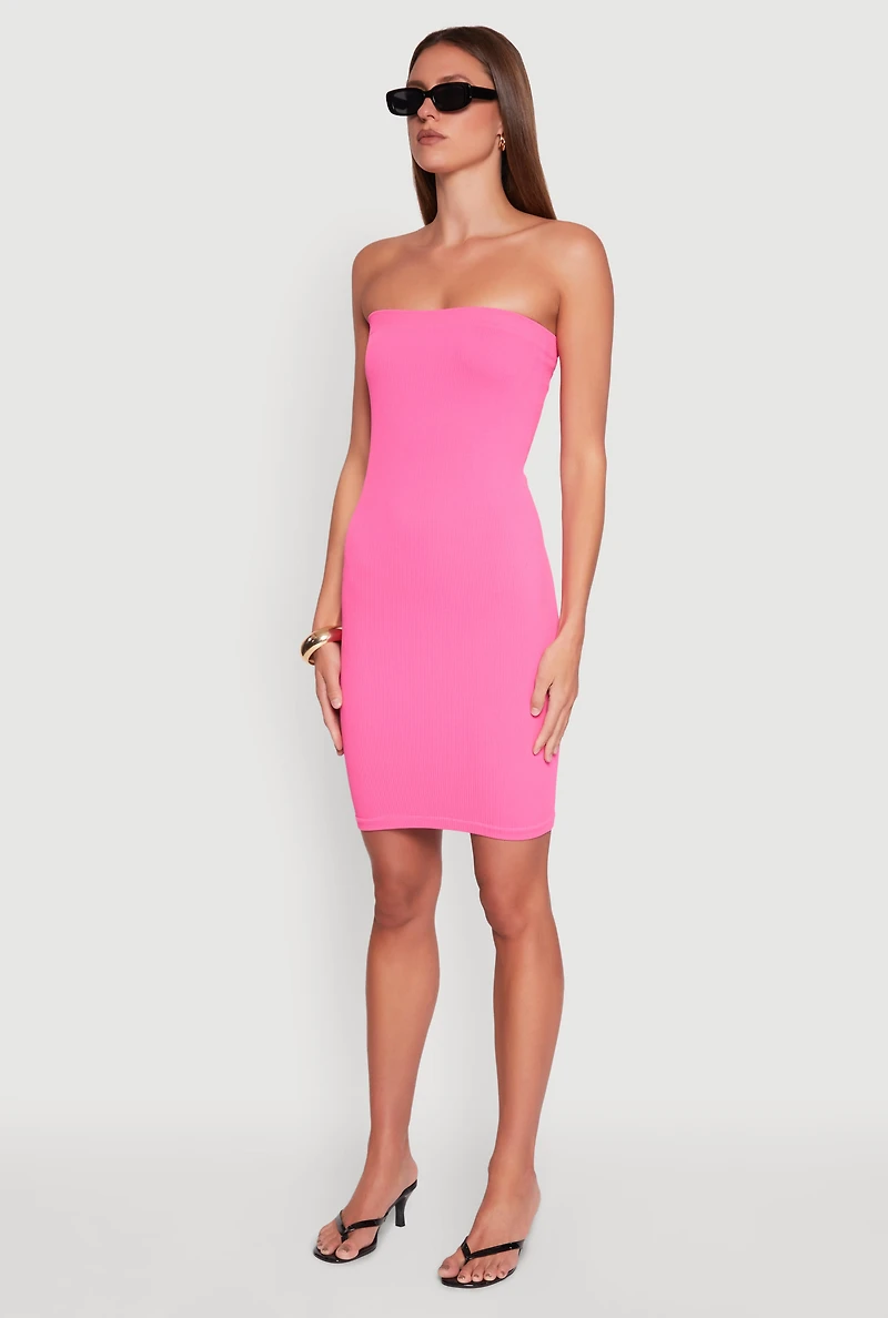 Womens Seamless Rib Knit Tube Midi Dress, Pink, Size L-XL