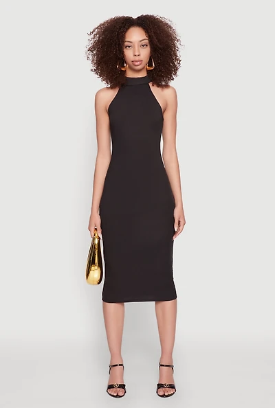 Womens Rib Knit Halter Midi Dress,