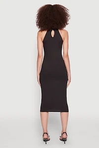 Womens Rib Knit Halter Midi Dress, Black, Size L