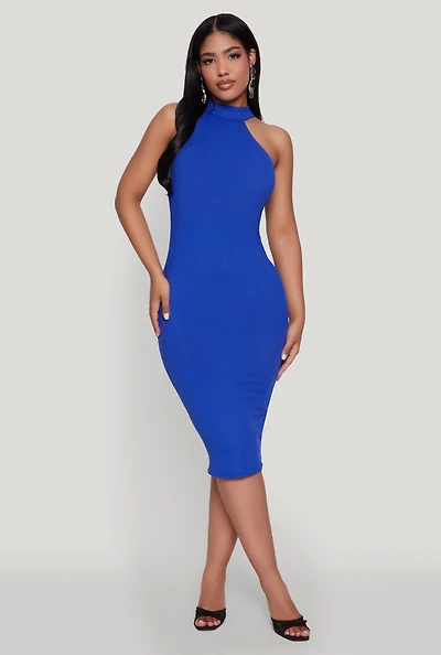 Womens Rib Knit Halter Midi Dress, Blue, Size M