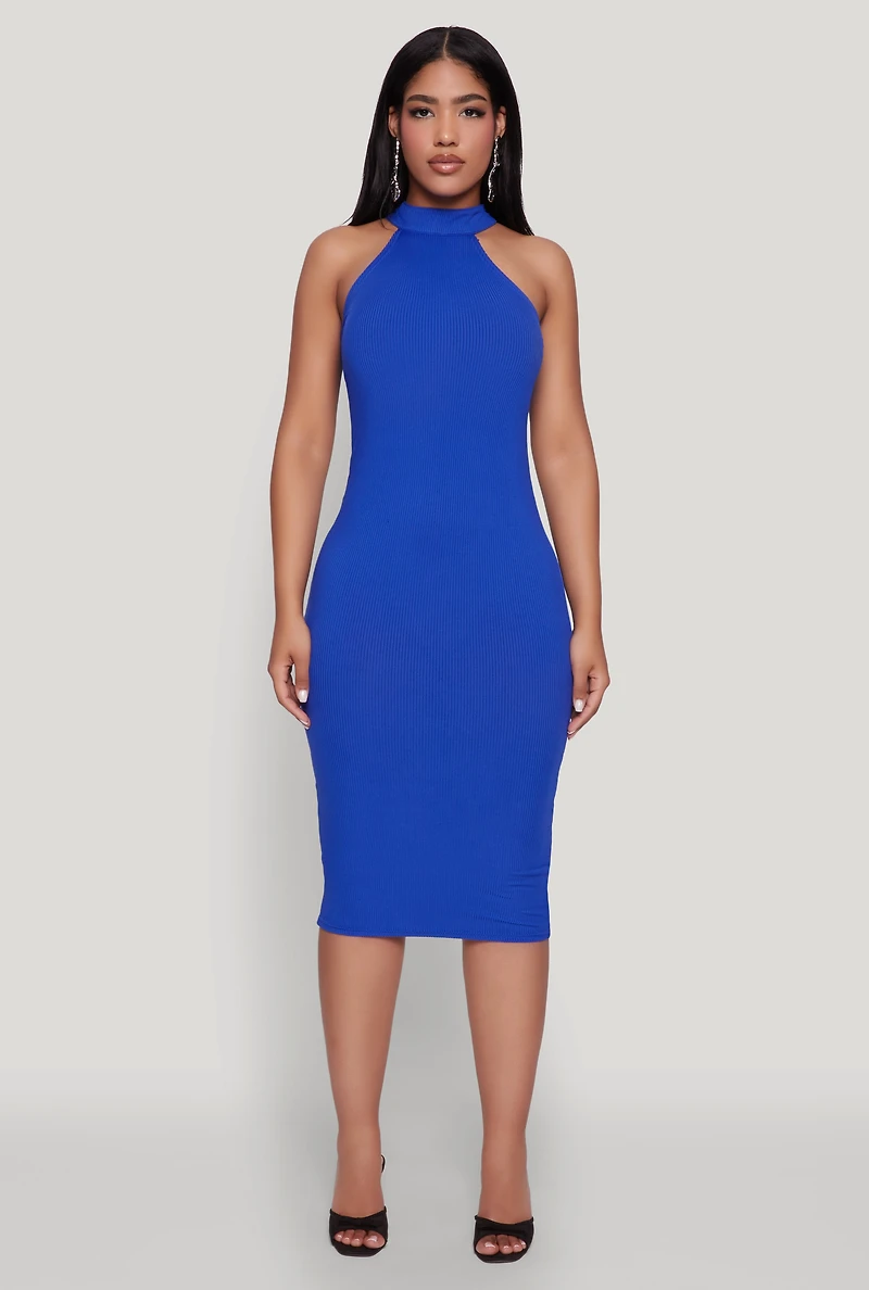 Womens Rib Knit Halter Midi Dress, Blue, Size M