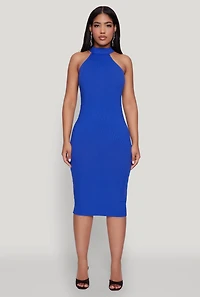 Womens Rib Knit Halter Midi Dress, Blue, Size M