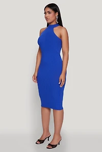 Womens Rib Knit Halter Midi Dress, Blue, Size M