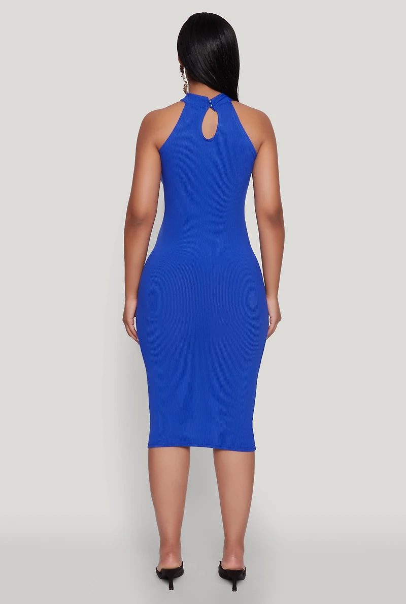 Womens Rib Knit Halter Midi Dress, Blue, Size M