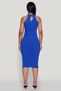 Womens Rib Knit Halter Midi Dress, Blue, Size M