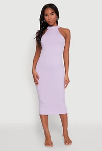 Womens Rib Knit Halter Midi Dress, Purple, Size L