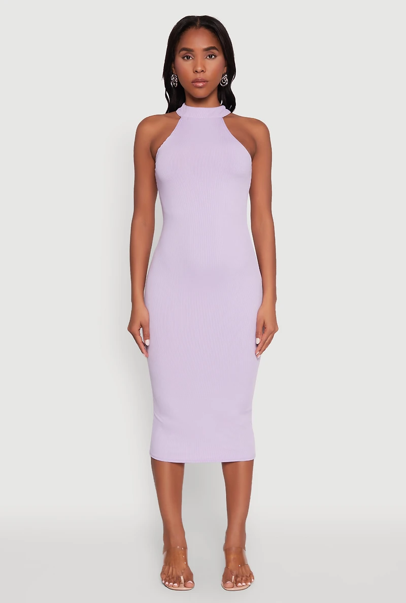 Womens Rib Knit Halter Midi Dress, Purple, Size L