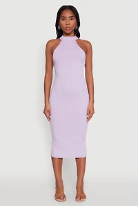 Womens Rib Knit Halter Midi Dress, Purple, Size L