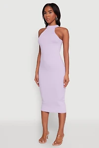 Womens Rib Knit Halter Midi Dress, Purple, Size L
