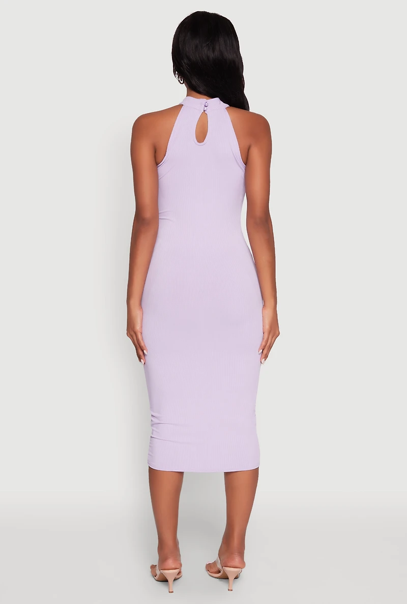 Womens Rib Knit Halter Midi Dress, Purple, Size L