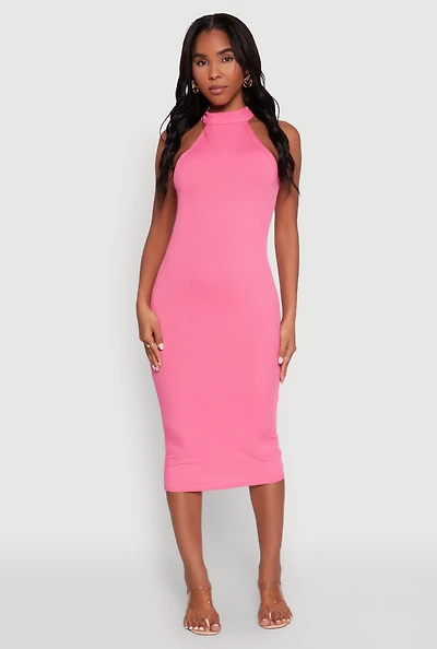 Womens Rib Knit Halter Midi Dress, Pink, Size M
