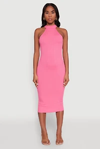 Womens Rib Knit Halter Midi Dress, Pink, Size M