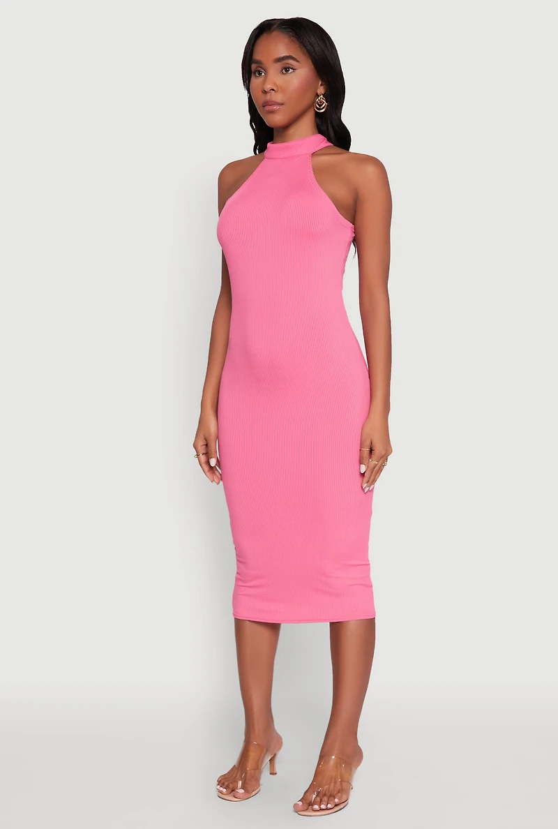 Womens Rib Knit Halter Midi Dress, Pink, Size M