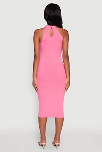 Womens Rib Knit Halter Midi Dress, Pink, Size M