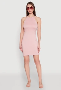 Womens Laser Cut Halter Mini Dress,