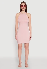 Womens Laser Cut Halter Mini Dress,